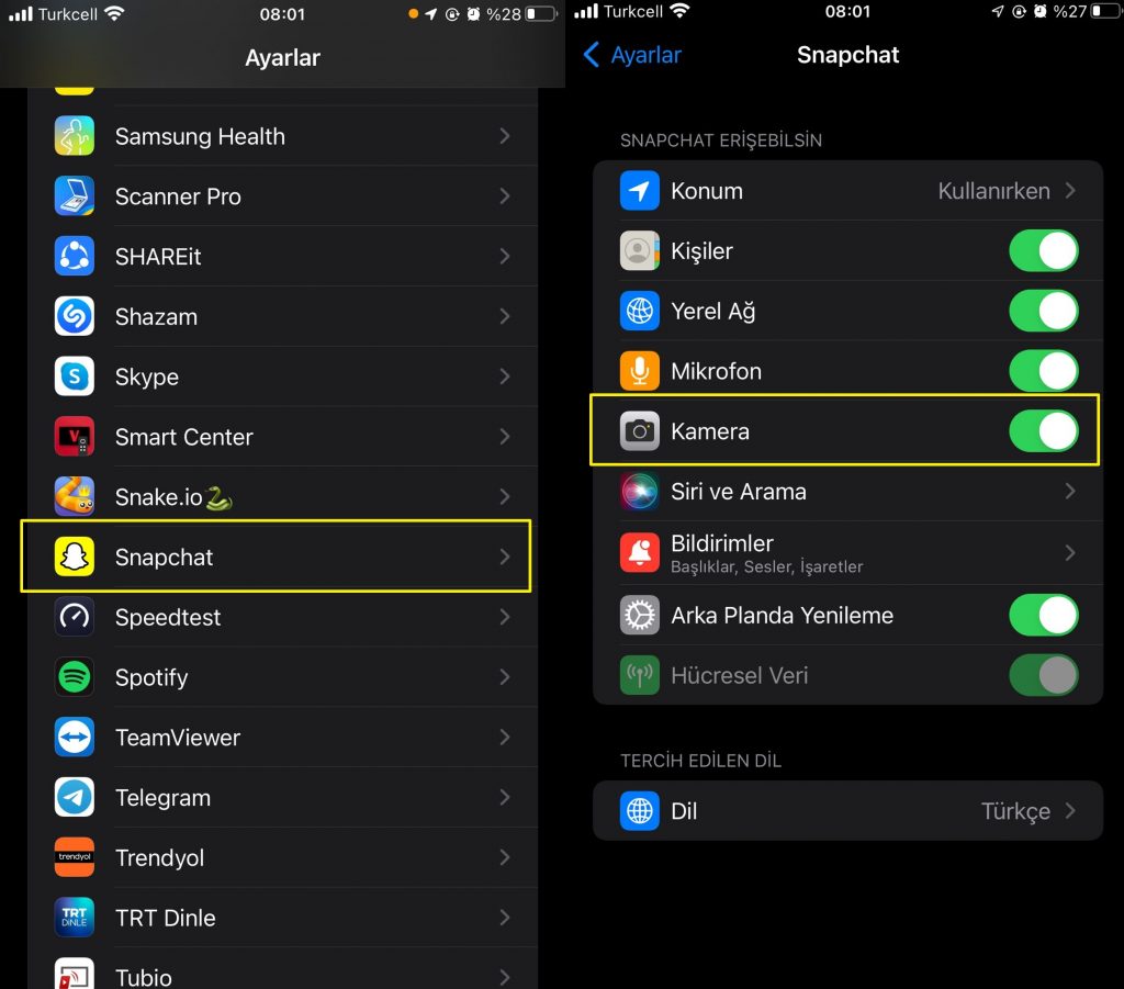 Snapchat telefon kamera ayarı